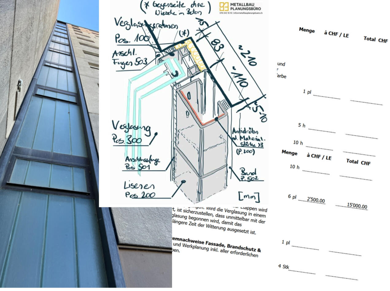 Metallbau-Fachplanung und Ausschreibung Metallfassade mit technischem Anschlussdetail und Ausschreibungsunterlagen für Architekten