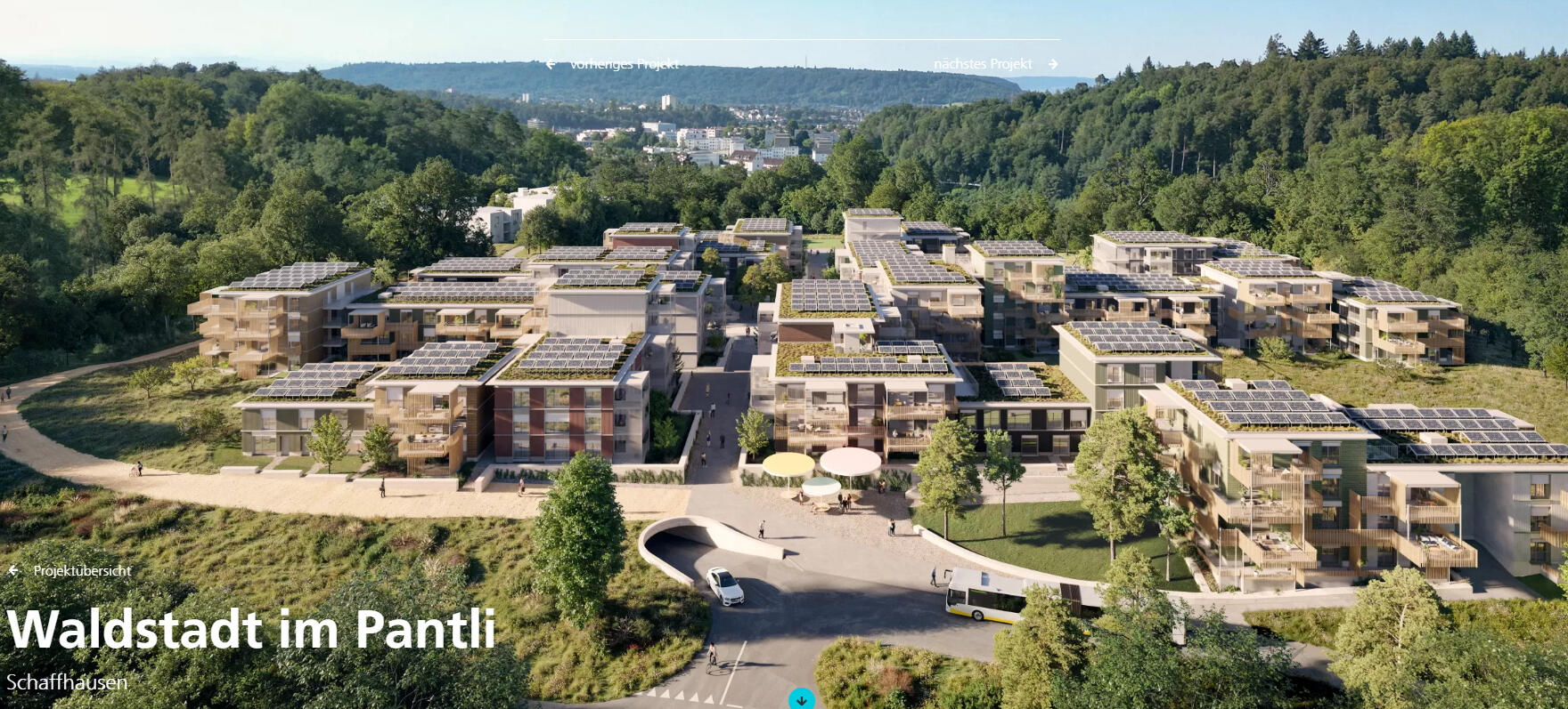 Waldstadt im Pantli Schaffhausen – Metallbau BKP 272 Visualisierung der Wohnüberbauung Waldstadt im Pantli in Schaffhausen mit mehreren Gebäuden und begrünten Aussenräumen