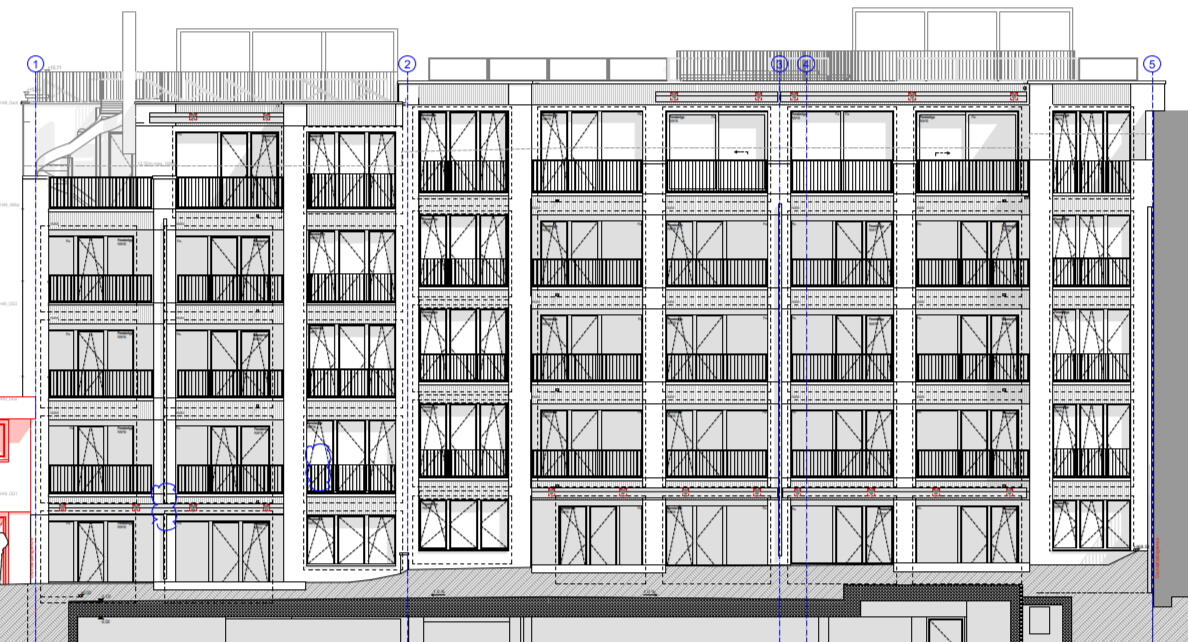 Ersatzneubau Wehntalerstrasse Zürich – Metallbauarbeiten Ansichtsplan des Ersatzneubaus Wehntalerstrasse in Zürich mit Balkonen, Geländern und Metallbauelementen